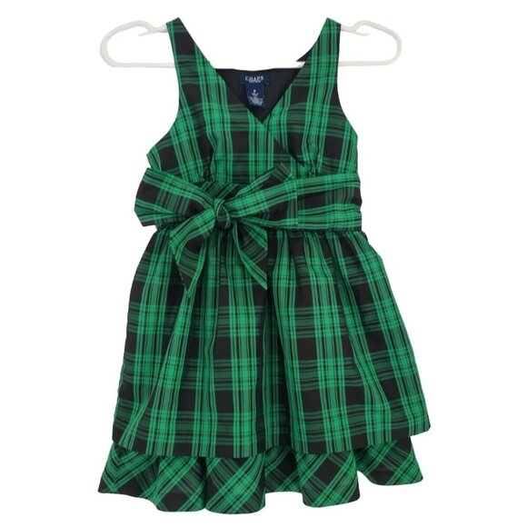 Chaps green and black plaid polyester sleeveless dress with waist tie, size 8. - Picture 6 of 9